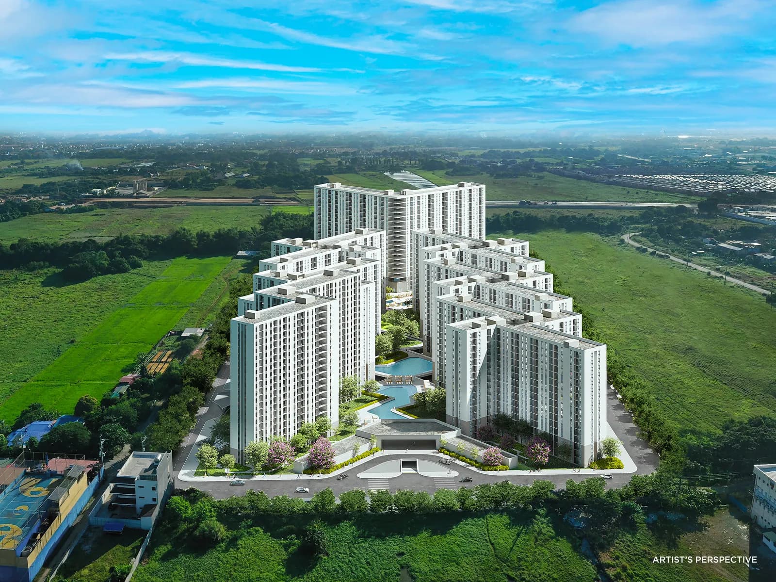 Aerial view of One Lancaster Park towers and parkland