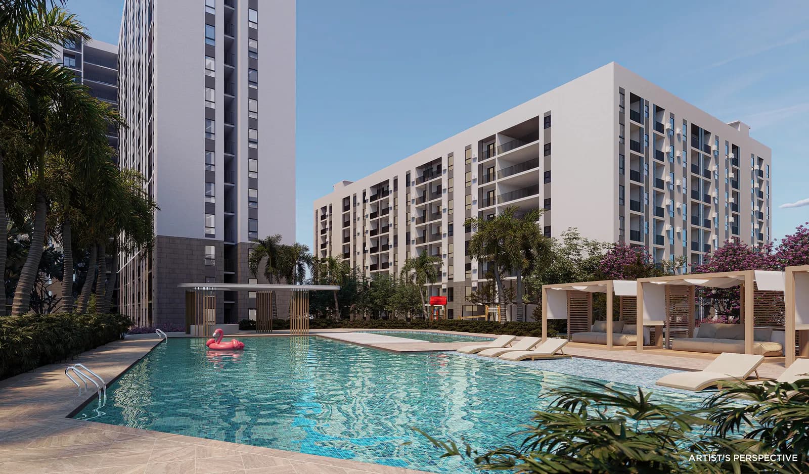 Resort-style swimming pool at golden hour