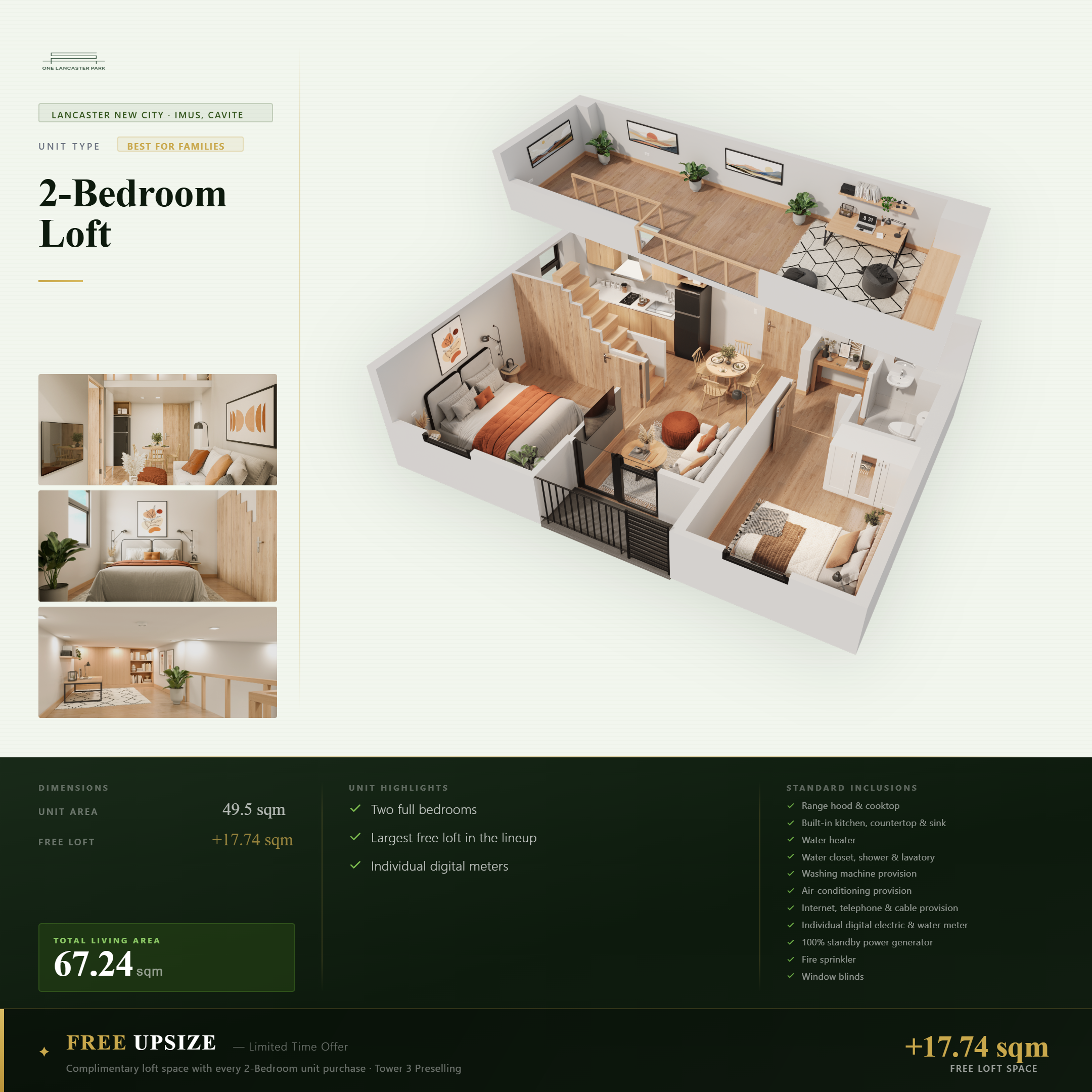 One Lancaster Park 2-bedroom unit floor plan showing layout with free loft in Fairmont Tower, Imus Cavite