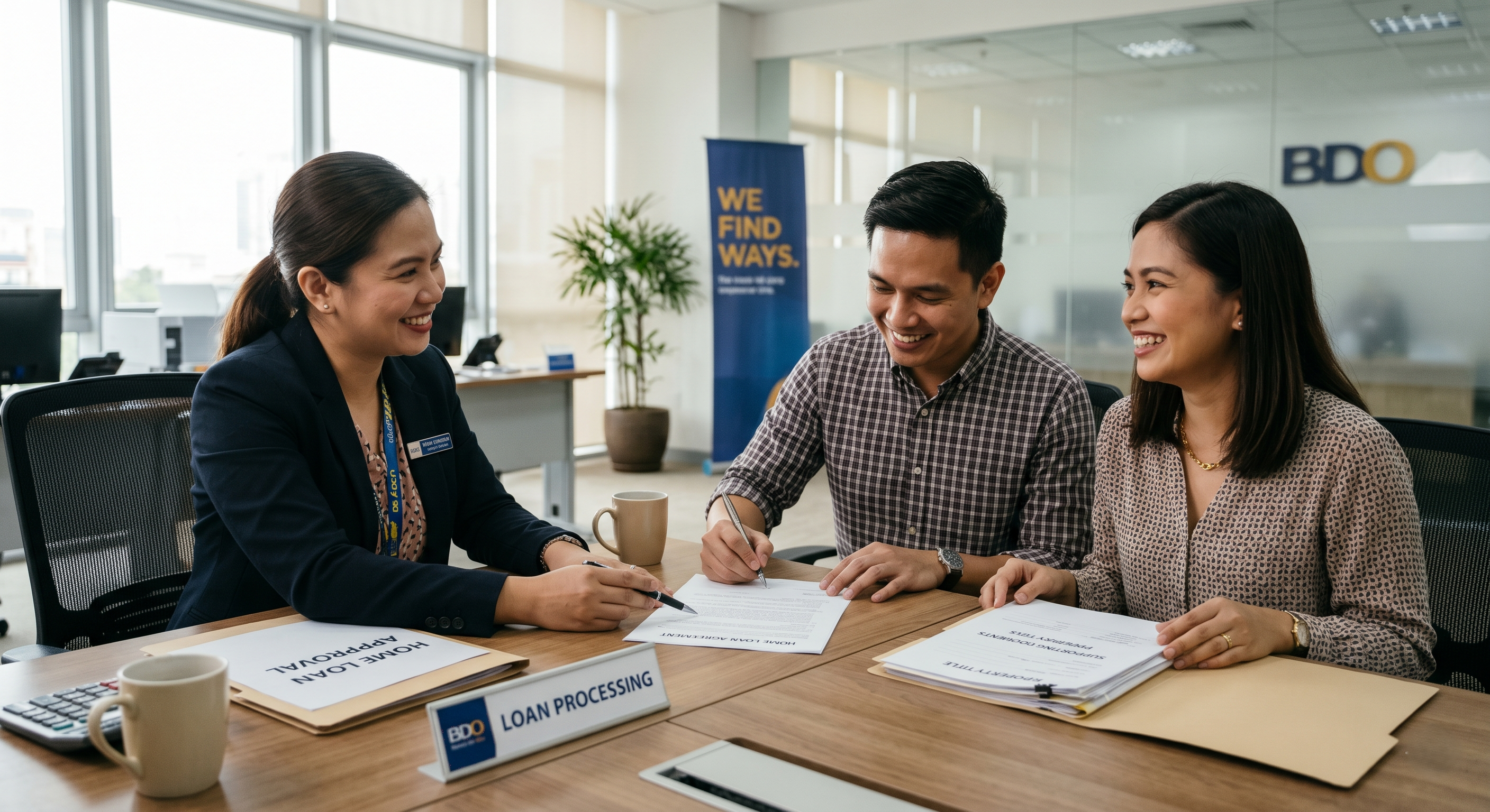 Filipino couple meeting a bank loan officer to submit housing loan documents for a condo purchase in the Philippines