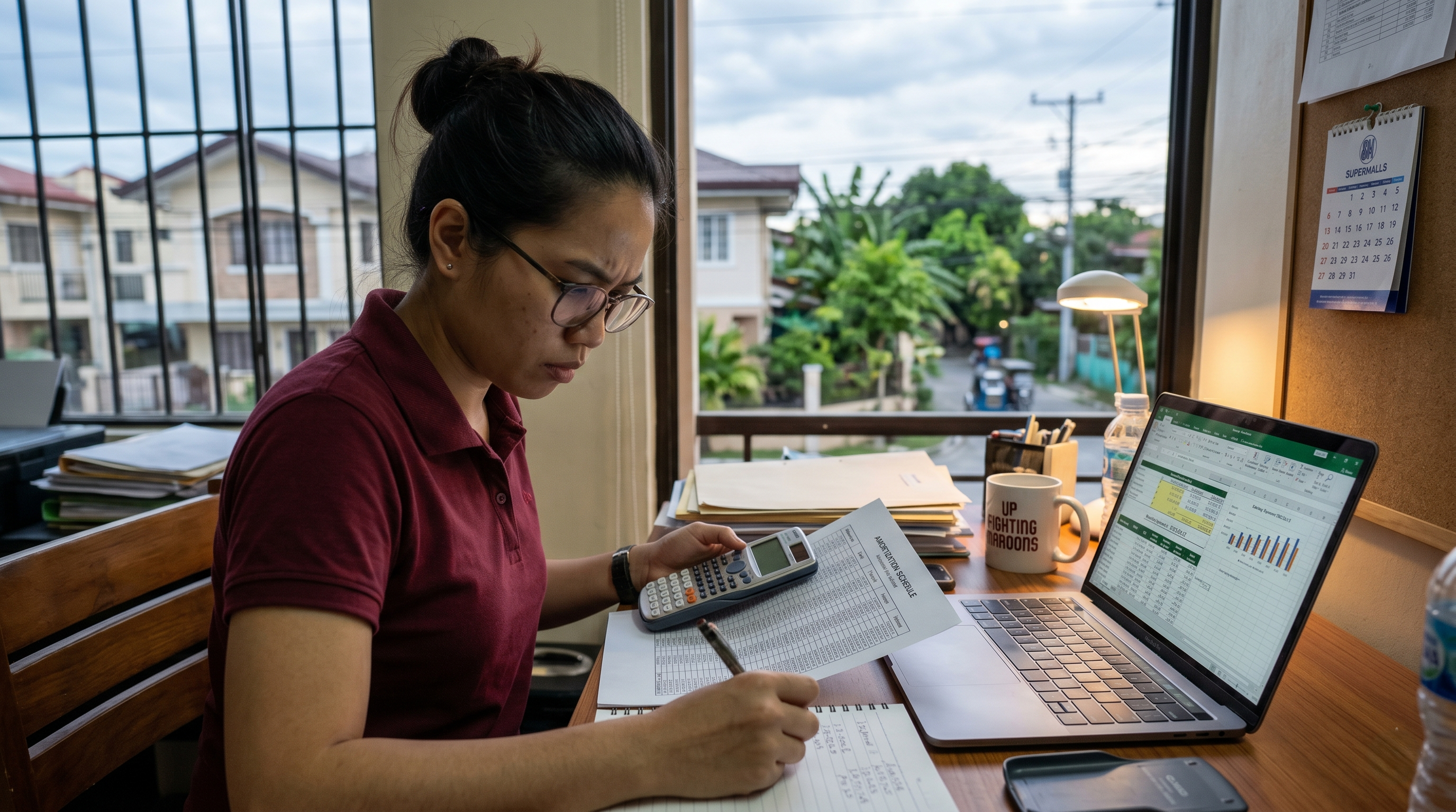 Filipino homebuyer reviewing a bank housing loan amortization schedule and interest rate fixing terms at a desk
