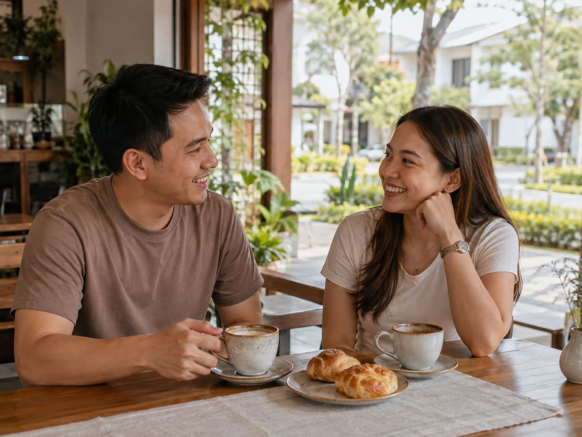 AI-generated illustration of a Filipino couple relaxing over coffee and pastries at a neighborhood café in Imus, Cavite
