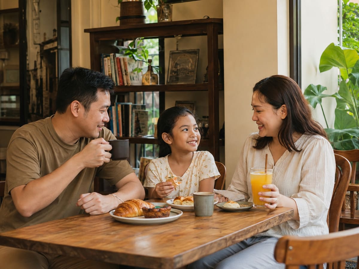 AI-generated illustration of a Filipino family sharing drinks and pastries at a warm neighborhood café in Imus, Cavite