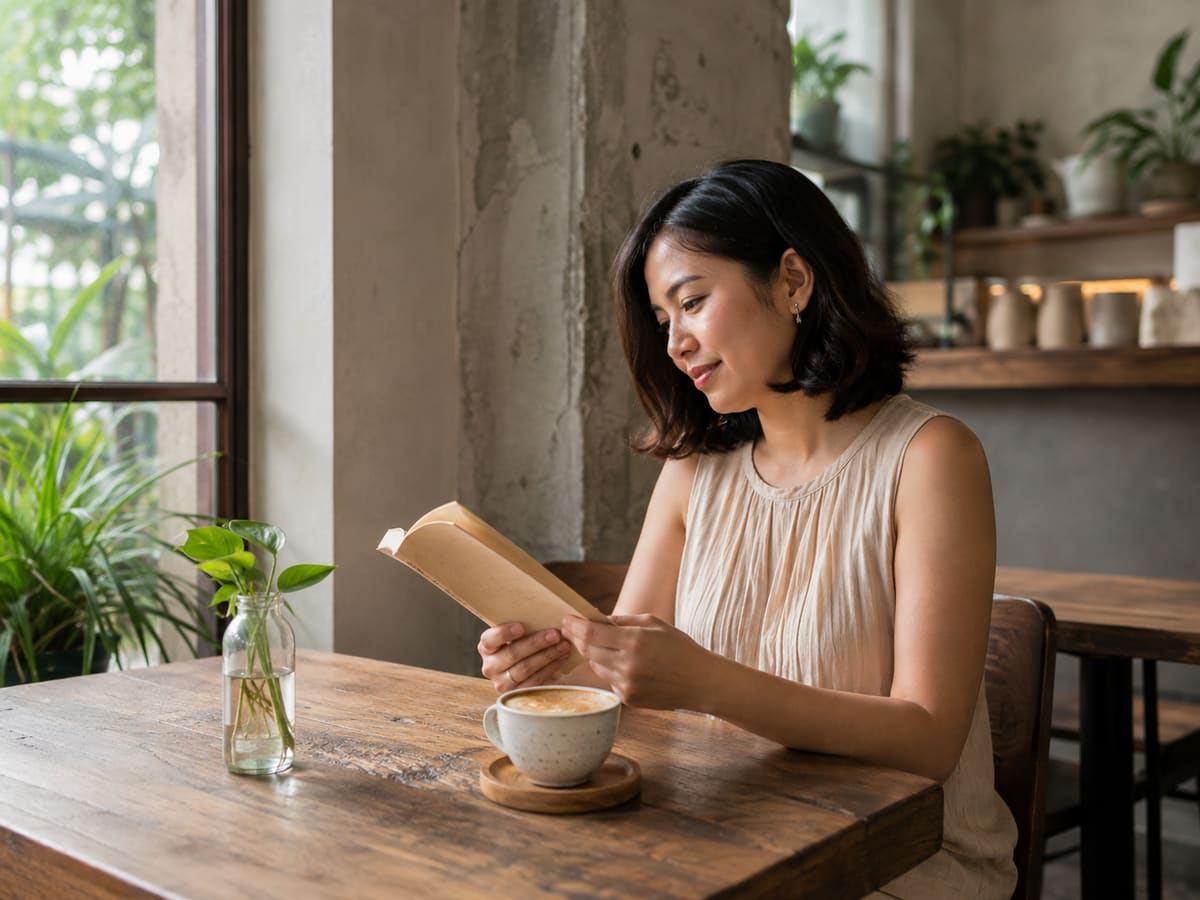 AI-generated illustration of a Filipino woman enjoying quiet reading time with coffee at a café in Imus, Cavite