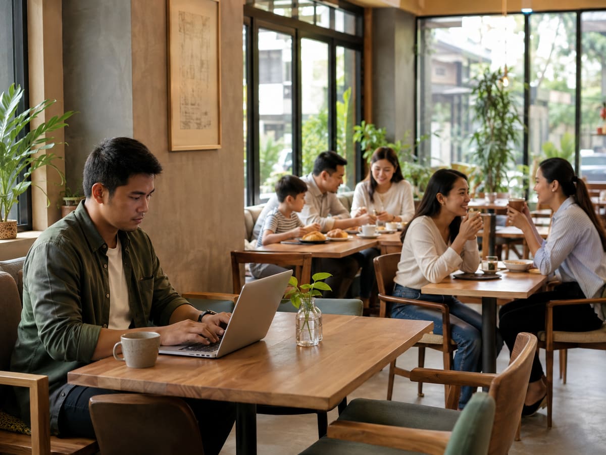 AI-generated illustration of a Filipino remote worker, friends, and a family sharing a neighborhood café in Imus, Cavite