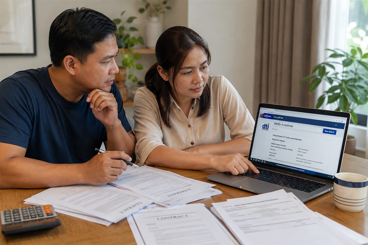 Filipino couple verifying a condo developer's License to Sell online while reviewing contract documents at home