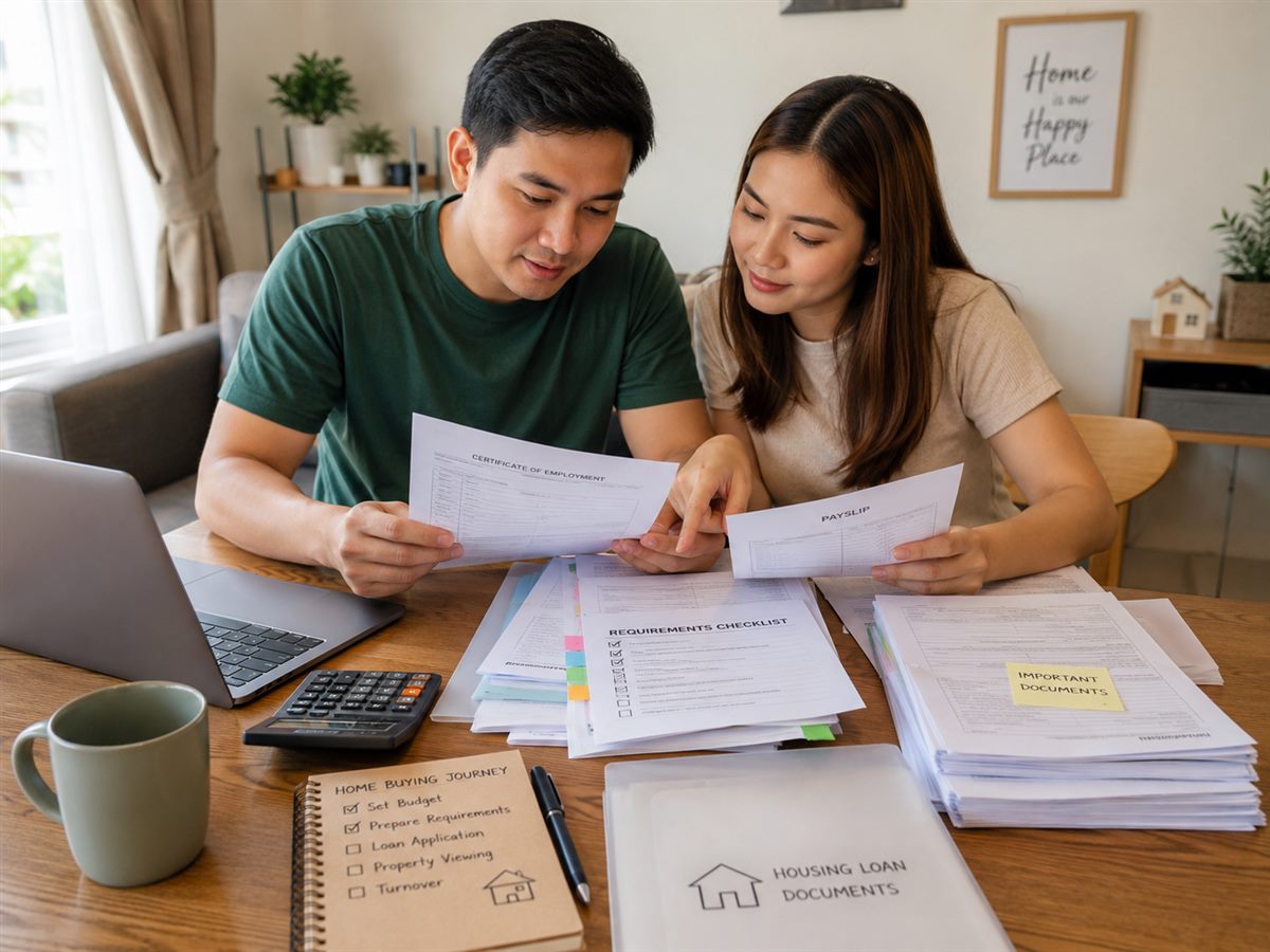 Filipino homebuyer filling out Pag-IBIG housing loan application documents at a desk in the Philippines