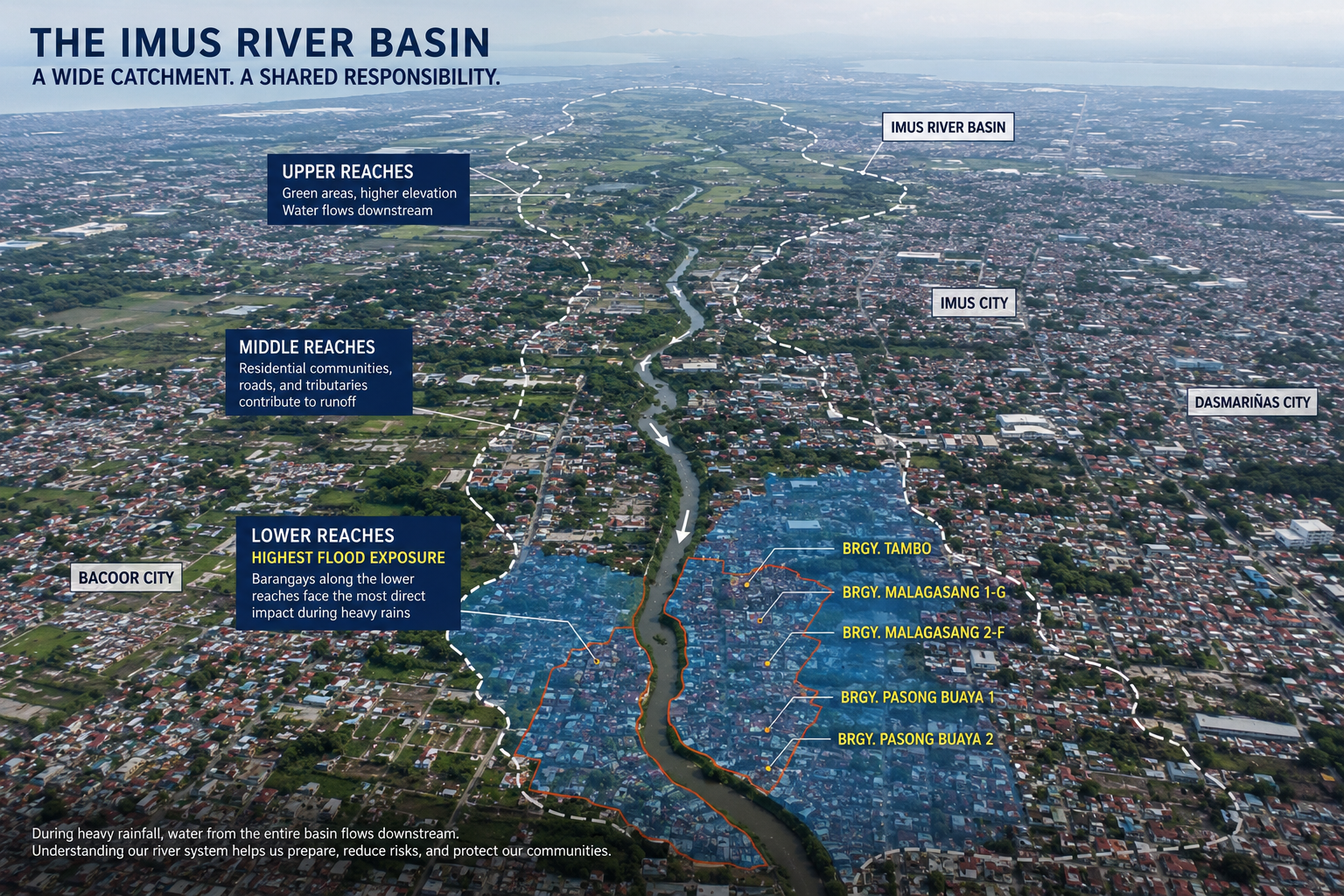 Aerial view of residential streets and waterways in Imus, Cavite showing low-lying areas near the Imus River basin