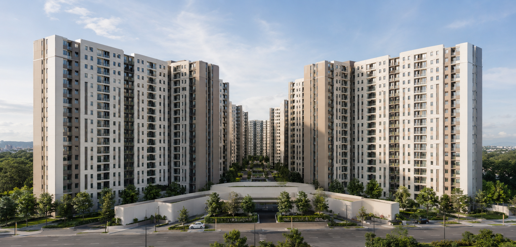 Green and elevated residential development inside Lancaster New City in Imus Cavite showing landscaped open spaces and mid-rise buildings