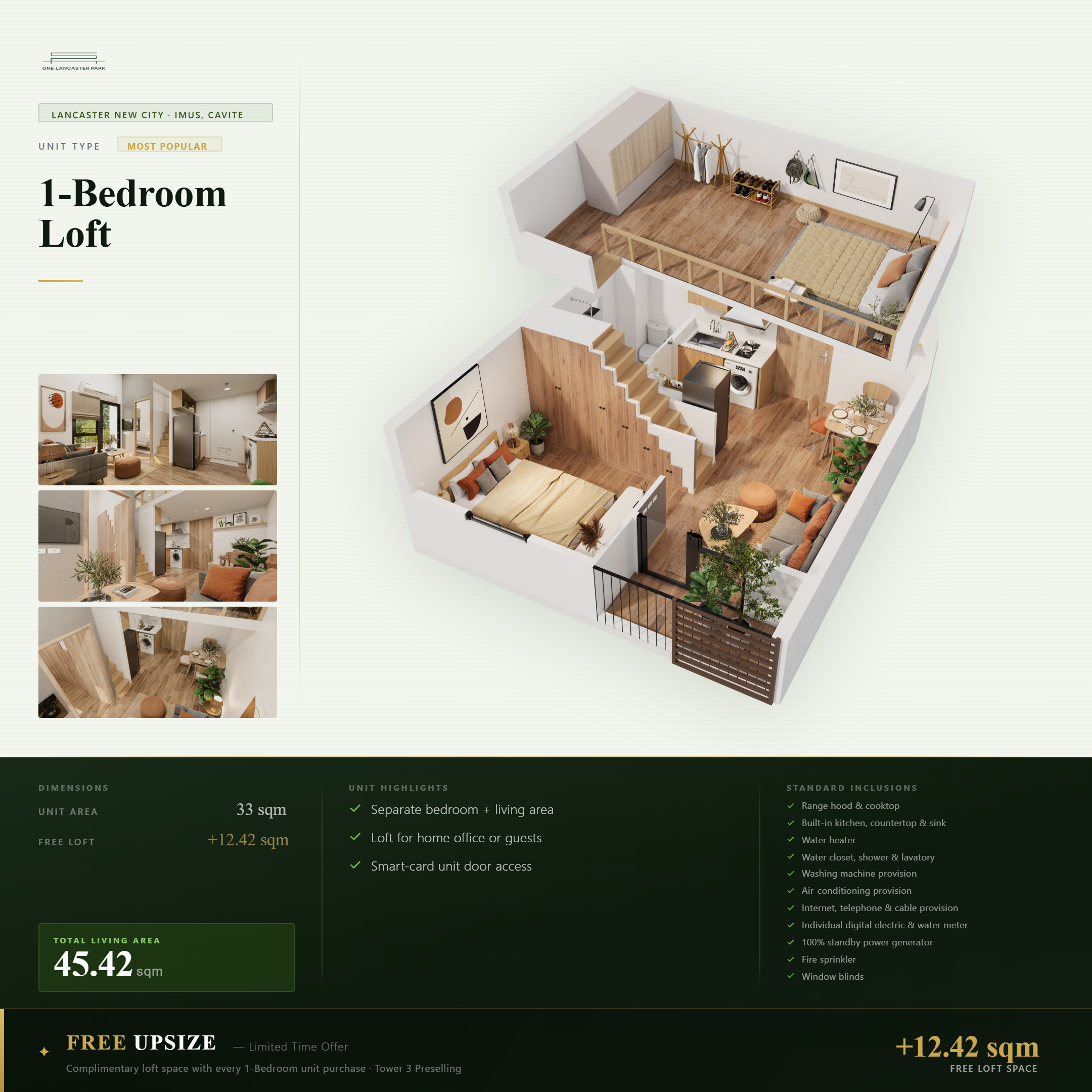 One Lancaster Park 1-bedroom unit floor plan showing layout with loft in Fairmont Tower, Imus Cavite