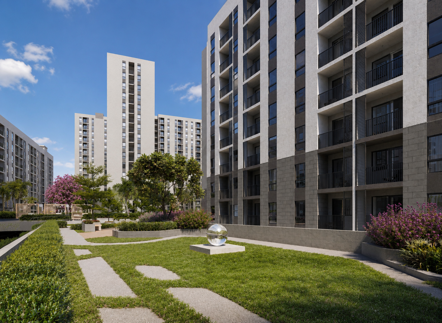 Landscaped garden zone and elevated walkway at One Lancaster Park Imus Cavite, part of the 70% open space designed for quiet outdoor use