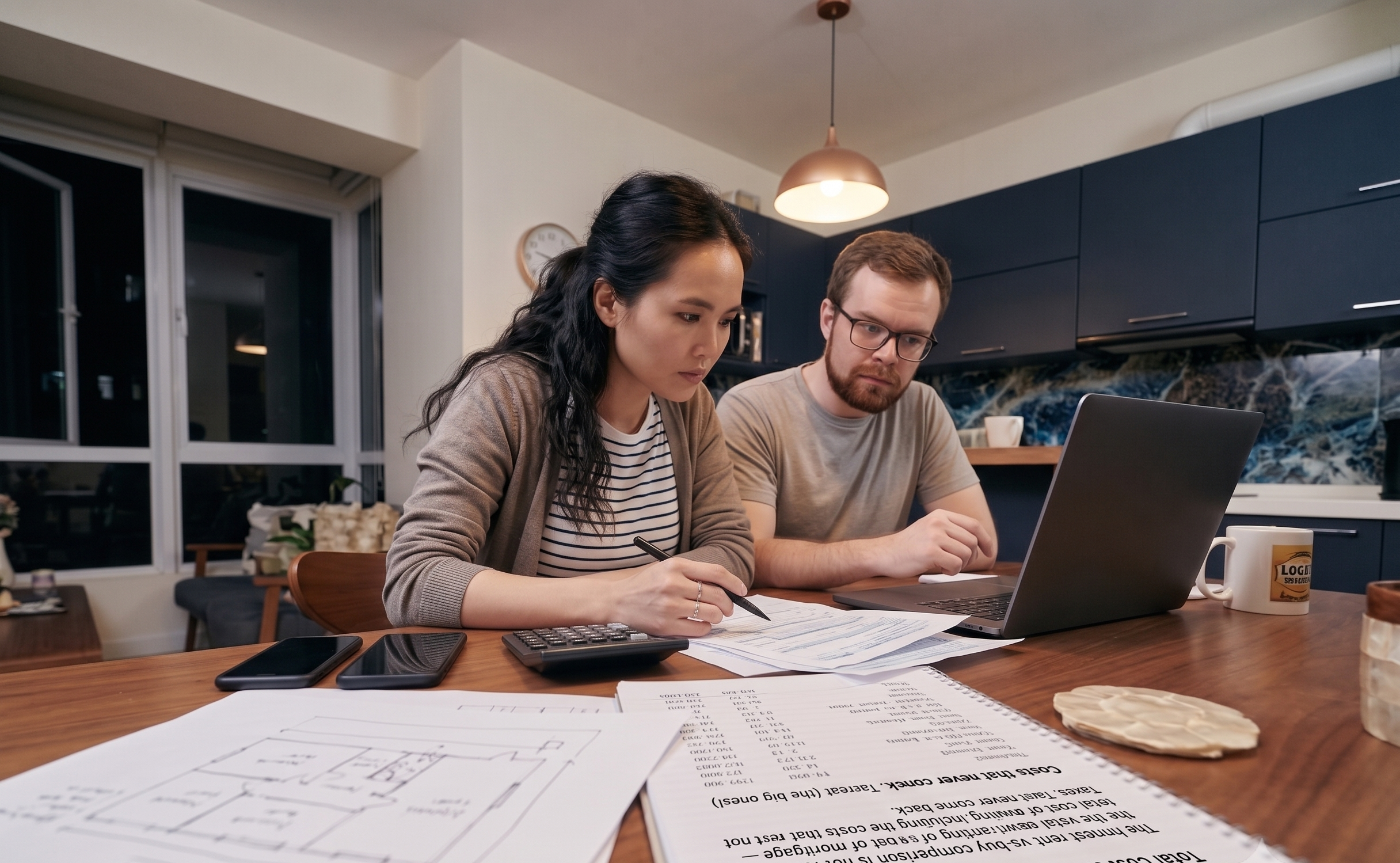 Filipino couple at home comparing condo rental costs against a housing loan amortization on a laptop and calculator