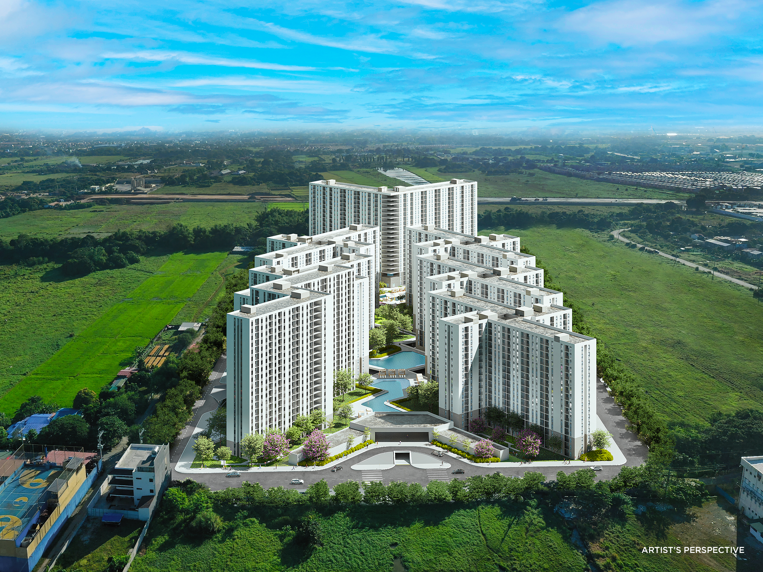 Aerial artist's perspective of One Lancaster Park in Lancaster New City, Imus Cavite showing towers surrounded by green open space