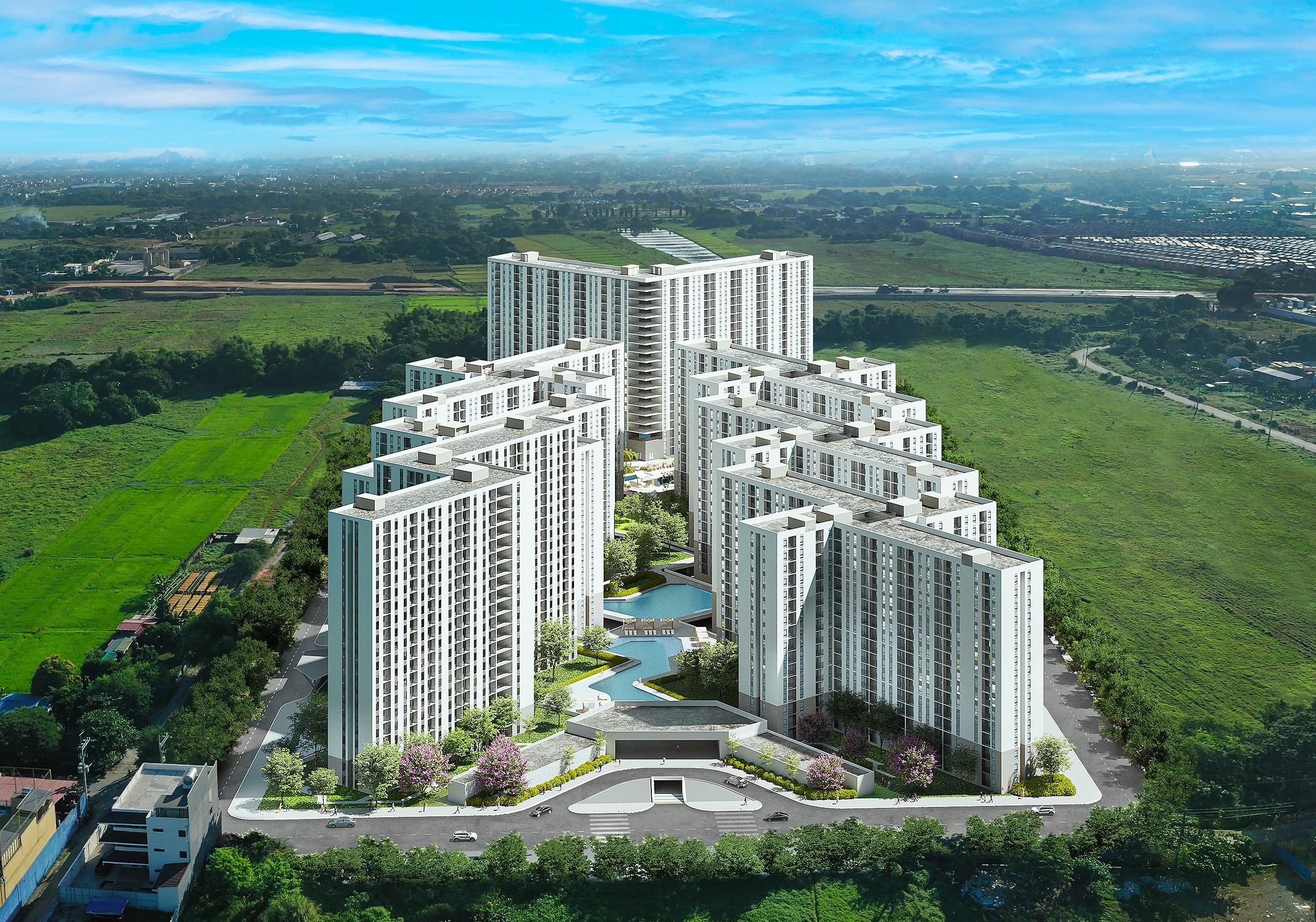 Aerial view of One Lancaster Park in Lancaster New City, Imus Cavite showing towers surrounded by green open space